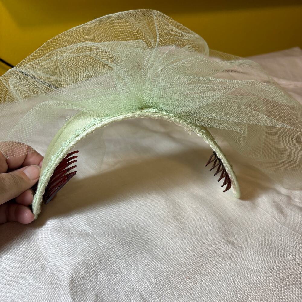 Vintage Mint Green Tulle Fascinator Half Hat Veil Hair Comb Bridal Headpiece